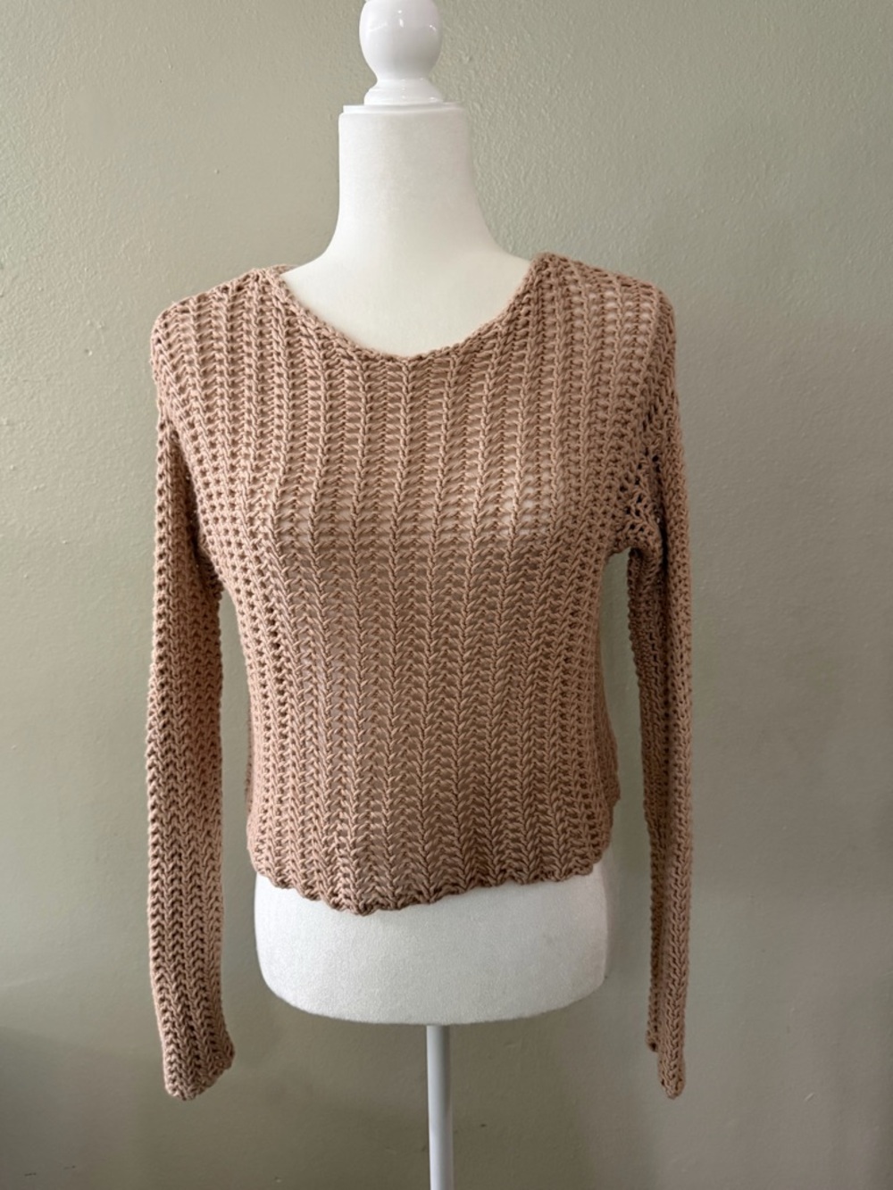 Acrobat Beige Open Stitch Crochet Knit Crop Sweater S Coastal Boho